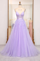 Lilac Prom Dress A Line Spaghetti Straps Long Beaded and Tulle Evening Dress with Appliques
