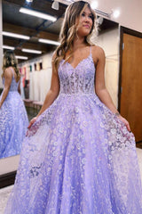 Lilac Prom Dress A Line Spaghetti Straps Long Evening Dress with Appliques