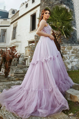 Lilac Prom Dress A Line Spaghetti V Neck Sleeveless Beaded Tulle Formal Dress With Appliques