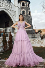 Lilac Prom Dress A Line Spaghetti V Neck Sleeveless Beaded Tulle Formal Dress With Appliques