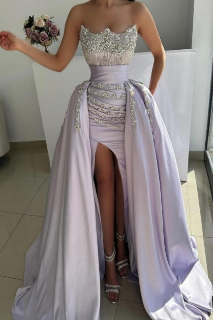 Lilac Prom Dress A Line Strapless Sleeveless Beaded Panel Train Satin Formal Dress With Rhinestones