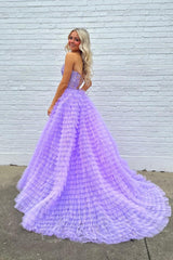 Lilac Prom Dress A Line Tiered Sweetheart Long Corset Evening Dress with Ruffles