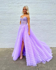 Lilac Prom Dress A Line Tiered Sweetheart Long Corset Evening Dress with Ruffles