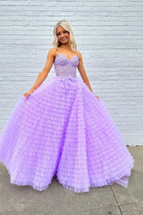 Lilac Prom Dress A Line Tiered Sweetheart Long Corset Evening Dress with Ruffles