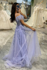 Lilac Prom Dress A Line Tulle Long Corset Appliqued Evening Dress