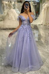 Lilac Prom Dress A Line Tulle Long Corset Appliqued Evening Dress