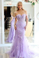 Lilac Prom Dress Appliqued Off The Shoulder Tulle Formal Dress