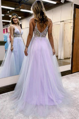 Lilac Prom Dress Beaded A Line Tulle Evening Dress with Flowers