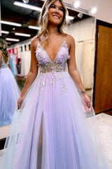 Lilac Prom Dress Beaded A Line Tulle Evening Dress with Flowers