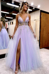 Lilac Prom Dress Beaded A Line Tulle Evening Dress with Flowers