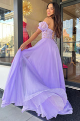 Lilac Prom Dress Corset A Line Sweetheart Long Chiffon Evening Dress with Slit