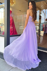 Lilac Prom Dress Corset A Line Sweetheart Long Chiffon Evening Dress with Slit
