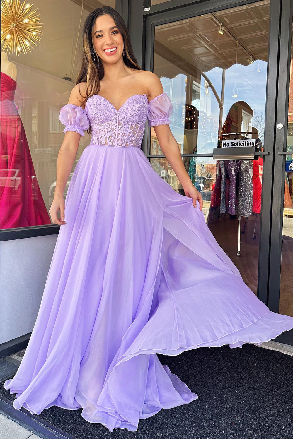 Lilac Prom Dress Corset A Line Sweetheart Long Chiffon Evening Dress with Slit