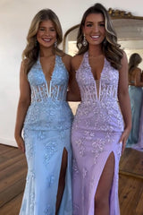 Lilac Prom Dress Halter Mermaid Corset Appliqued Evening Dress with Slit