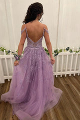 Lilac Prom Dress High Low Spaghetti Straps Lace Evening Dress
