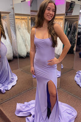 Lilac Prom Dress Mermaid Backless Long Evening Dress With Slit