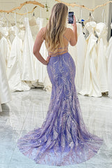 Lilac Prom Dress Mermaid Spaghetti Straps Long Evening Dress With Appliques