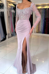 Lilac Prom Dress Mermaid Square Sleeves Sequined Satin Formal Dress With Slit