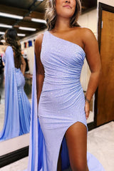 Lilac Prom Dress One Shoulder Watteau Train Long Evening Dress with Slit