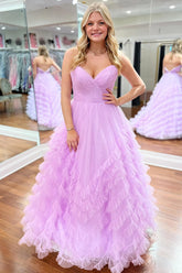 Lilac Prom Dress Ruched Tiered Ruched A Line Lace Long Formal Dress