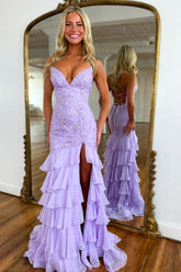 Lilac Prom Dress Ruffled Lace Formal Dress With Slit