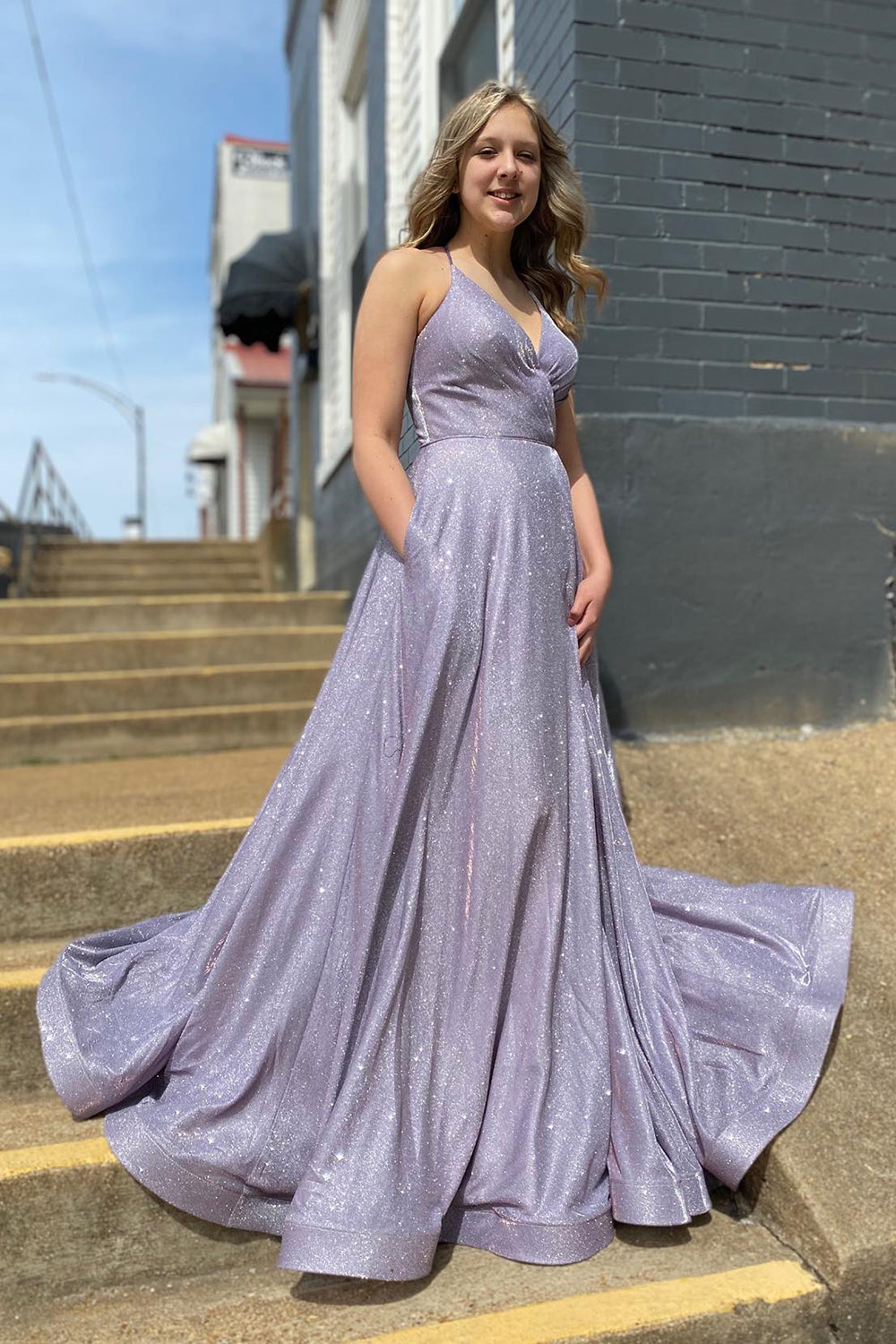 Lilac Prom Dress Spaghetti Straps Long Evening Dress with Pockets
