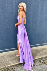 Lilac Prom Dress Spaghetti Straps Mermaid Corset Long Formal Dress With Slit