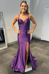 Lilac Prom Dress Spaghetti Straps Mermaid Corset Long Formal Dress With Slit