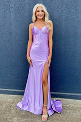 Lilac Prom Dress Spaghetti Straps Mermaid Corset Long Formal Dress With Slit