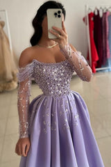 Lilac Prom Dress Strapless A Line One Shoulder Illusion Sleeve Beaded Satin Formal Dress With Pearls And Rhinestones