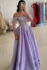 Lilac Prom Dress Strapless A Line One Shoulder Illusion Sleeve Beaded Satin Formal Dress With Pearls And Rhinestones