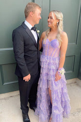 Lilac Prom Dress Tiered A-Line Spaghetti Straps Long Formal Dress With Slit