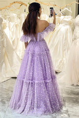 Lilac Prom Dress Tulle A Line Off the Shoulder Long Corset Evening Dress