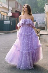Lilac Prom Dress Tulle A Line Off the Shoulder Long Corset Evening Dress