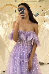 Lilac Prom Dress Tulle A Line Off the Shoulder Long Corset Evening Dress