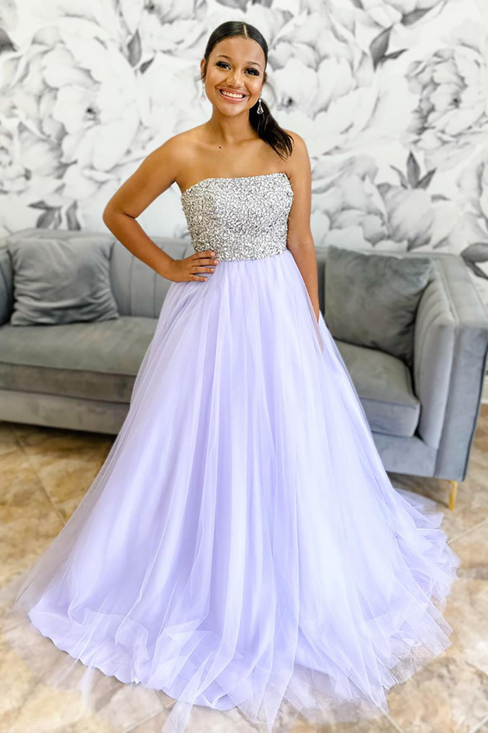 Lilac Prom Dress Tulle Strapless Long Formal Dress