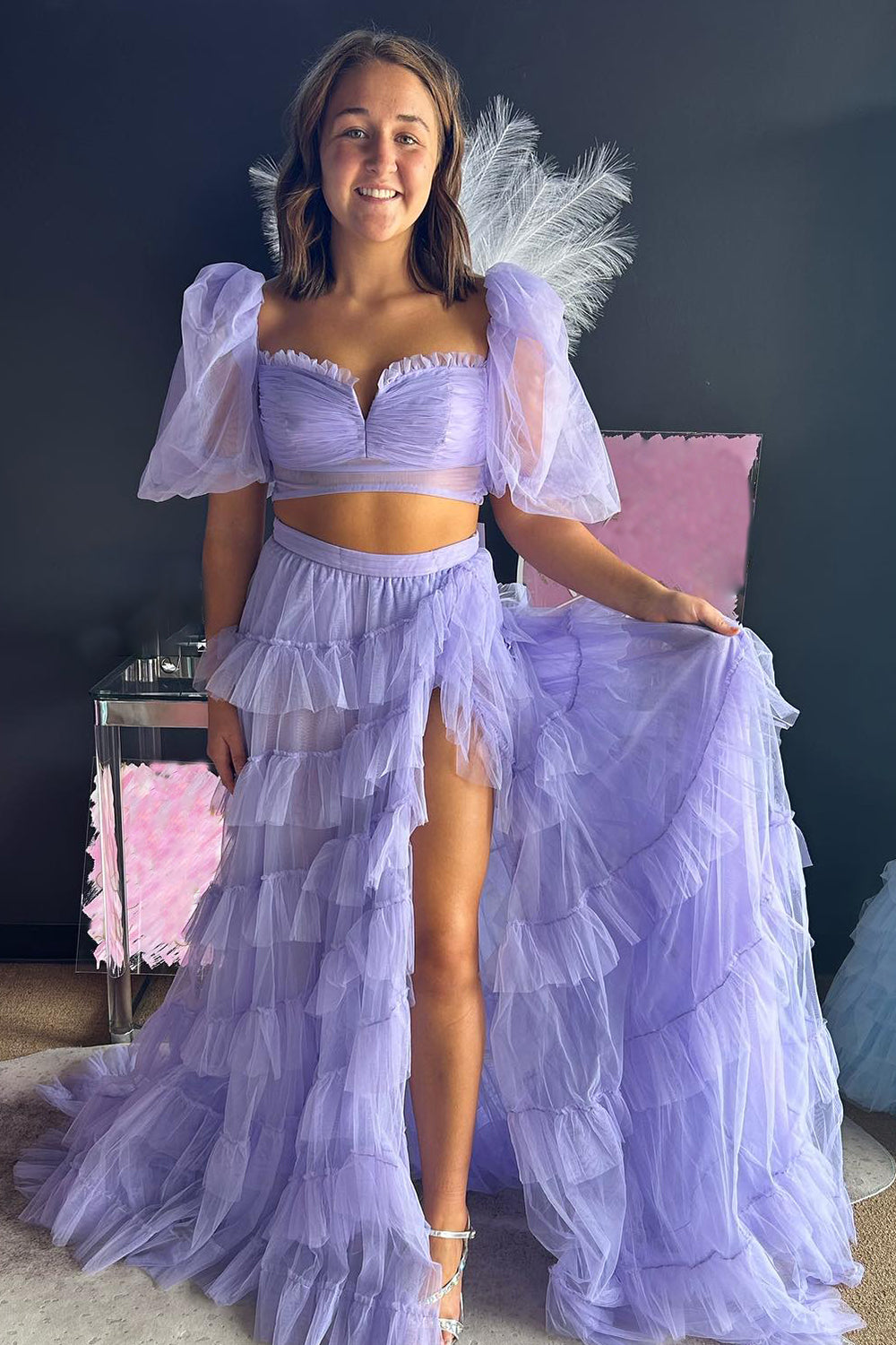 Lilac Prom Dress Two Piece Ruffled A Line Long Evening Dress with Slit
