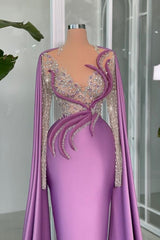 Lilac Prom Dress V Neck Portrait Beading Satin Sleeve Lace Evening Formal Dress