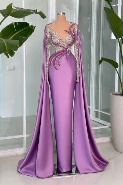 Lilac Prom Dress V Neck Portrait Beading Satin Sleeve Lace Evening Formal Dress