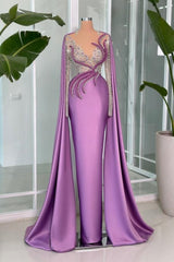 Lilac Prom Dress V Neck Portrait Beading Satin Sleeve Lace Evening Formal Dress