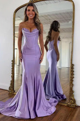 Lilac Satin Strapless Mermaid Prom Dress With Structured Corset Bodice Formal Evening Gown