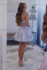 Lilac Sequin Strapless A-Line Corset Short Homecoming Dress with Beading