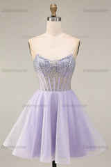 Lilac Sequin Strapless A-Line Corset Short Homecoming Dress with Beading