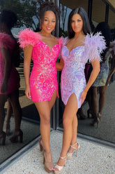 Lilac Sheath Short Homecoming Dress with Feathers