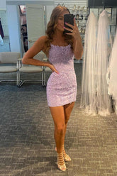Lilac Sheath Spaghetti Straps Short Homecoming Dress with Appliques