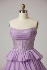 Close-up of the beaded corset bodice and pleated sweetheart neckline in lilac
