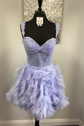 Lilac Tulle Ruffled Homecoming Dresses Appliqued Short Corset Cocktail Dresses
