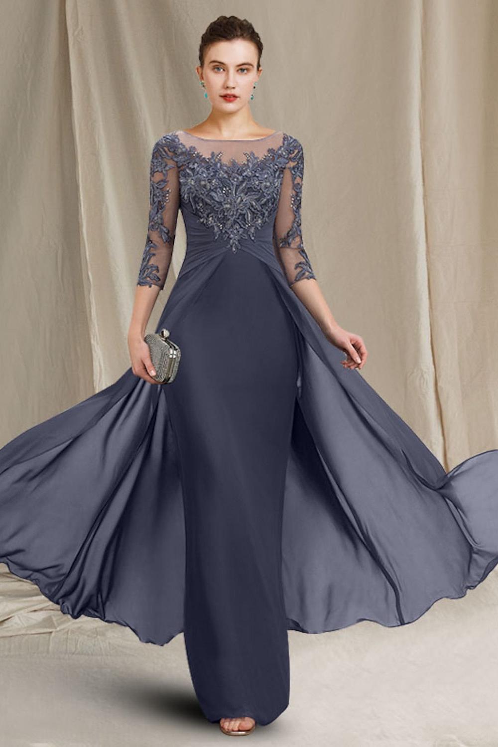 Long A Line Mother of the Bride Dresses with Jewel Neckline