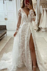 Long A Line Unique V Neck Long Sleeves Appliques Bridal Gown With Slit