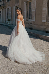 Long A Line Wedding Dress Off The Shoulder Appliques Tulle Bridal Gown